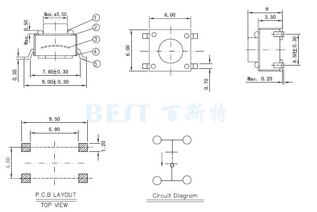 輕觸開關(guān)TS-1109W參考圖紙