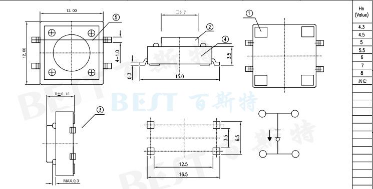 輕觸開關(guān)TS-1103W參考圖紙